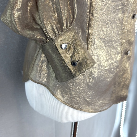Karen Millen women’s Gold Metallic button-down shirt semi sheer blouse top SZ 6‎ - Picture 6 of 7